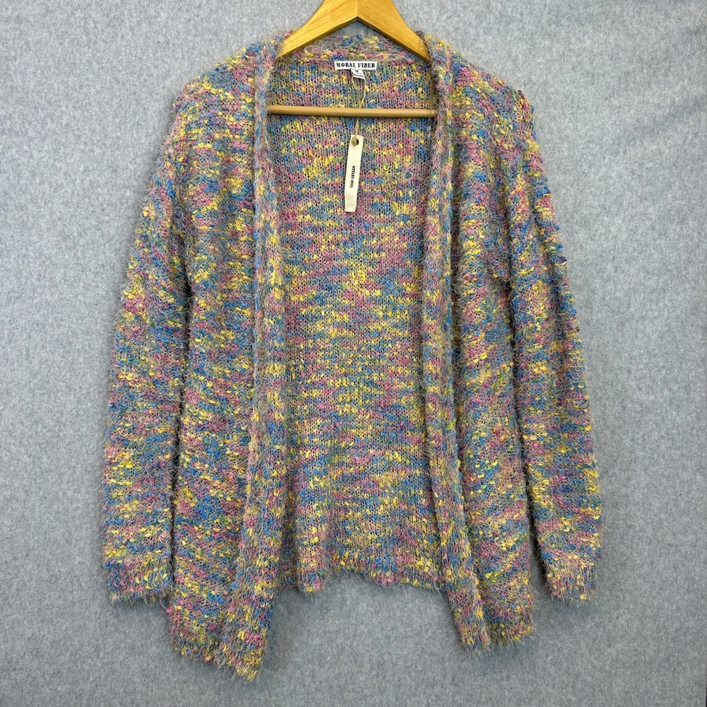 Moral Fiber Cardigan Sweater Colorful Confetti Eyelash Knit Open Front Sz M NWT
